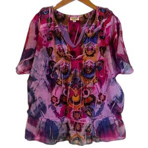 One‎ World Colorful Pink Print Short Sleeve Ruffle Waist Blouse Size XL